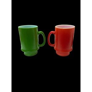 2 VINTAGE HAZEL ATLAS‎ ORANGE PEEL MILK GLASS PEDESTAL MUGS Green Red
